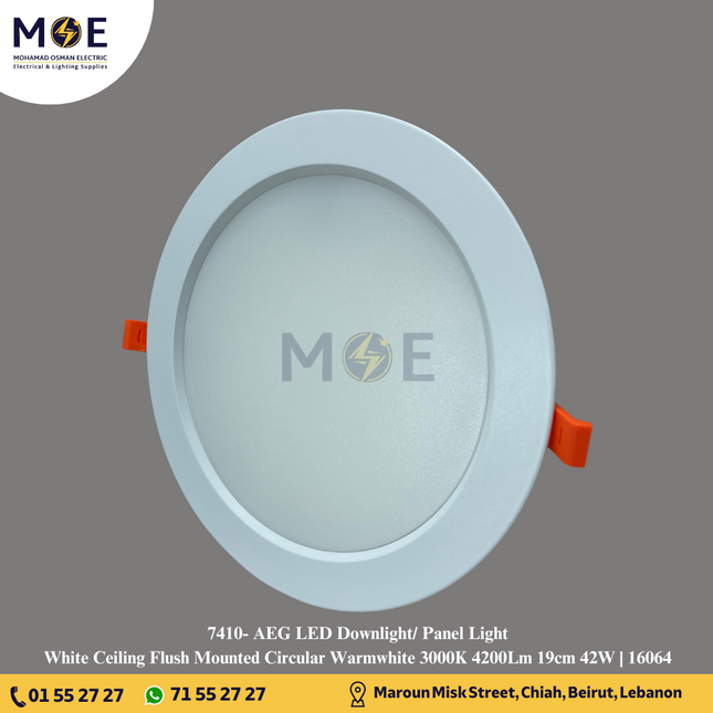 AEG LED Downlight/ Panel Light White Ceiling Flush Mounted Circular Warmwhite 3000K 4200Lm 19cm 42W | 16064 | سبوت ليد مدور هاي باور مخفي ابيض ورم وايت