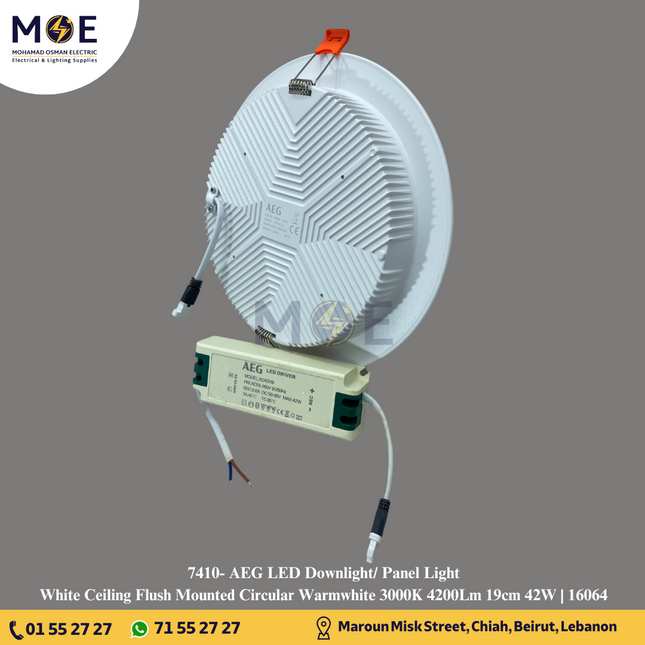 AEG LED Downlight/ Panel Light White Ceiling Flush Mounted Circular Warmwhite 3000K 4200Lm 19cm 42W | 16064 | سبوت ليد مدور هاي باور مخفي ابيض ورم وايت