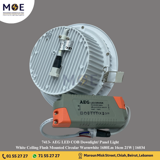 AEG LED COB Downlight/ Panel Light White Ceiling Flush Mounted Circular Warmwhite 1680Lm 16cm 21W | 16034 | سبوت مدور ليد مخفي ابيض ورم وايت