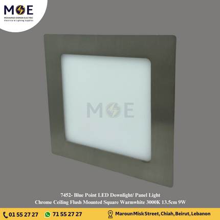 Blue Point LED Downlight/ Panel Light Chrome Ceiling Flush Mounted Square Warmwhite 3000K 13.5cm 9W