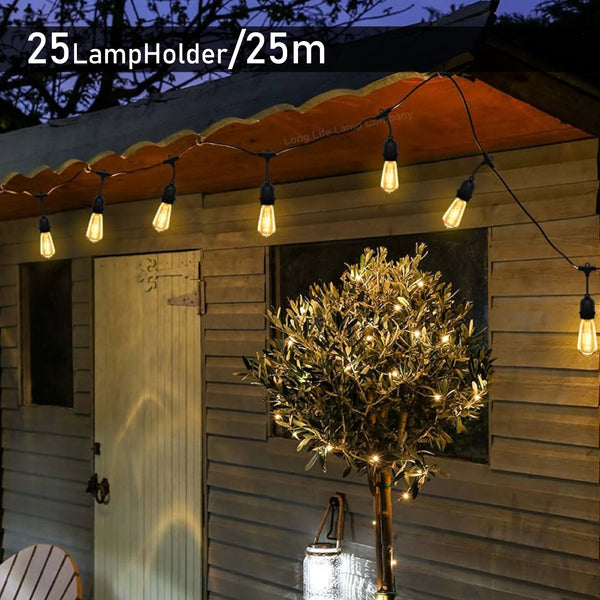String Light Black Waterproof Wire 25 LampHolder E27 25mt Extendable