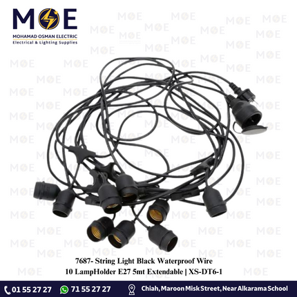 String Light Black Waterproof Wire 10 LampHolder E27 5mt Extendable | XS-DT6-1