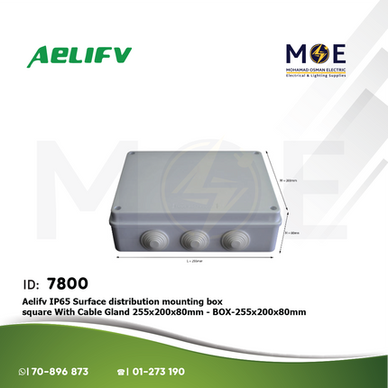 Aelifv IP65 Surface distribution mounting box Rectangle With Cable Gland 255x200x80mm | 255x200x80mm