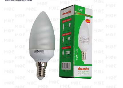 Greenlite Economic CFL Lamp Frosted Candle WarmWhite E14 13W | لمبة توفير برم سن رفيع شمعة مغشى ورم وايت