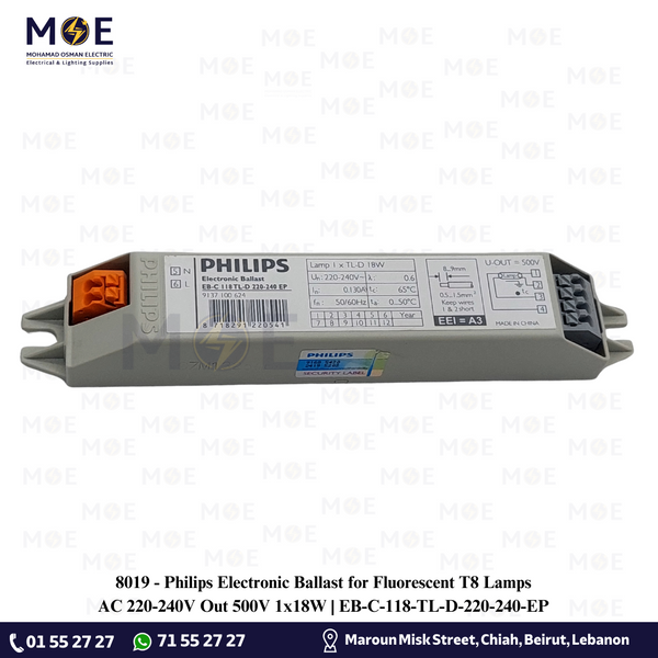 Philips Electronic Ballast for Fluorescent T8 Lamps AC 220-240V Out 500V 1x18W | EB-C-118-TL-D-220-240-EP