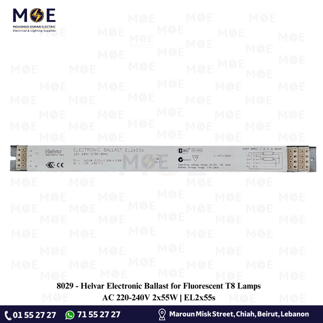 Helvar Electronic Ballast for Fluorescent T8 Lamps AC 220-240V 2x55W | EL2x55s