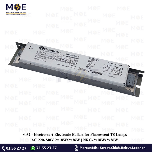 Electrostart Electronic Ballast for Fluorescent T8 Lamps AC 220-240V 2x18W/2x36W | NRG-2x18W/2x36W