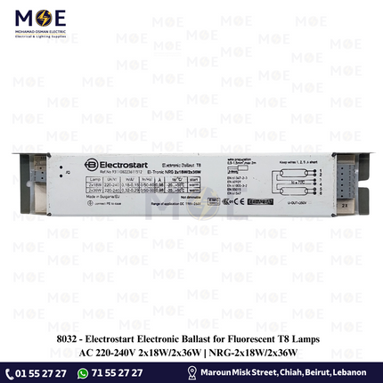 Electrostart Electronic Ballast for Fluorescent T8 Lamps AC 220-240V 2x18W/2x36W | NRG-2x18W/2x36W