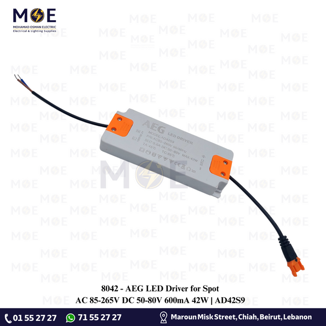 AEG LED Driver for Spot AC 85-265V DC 50-80V 600mA 42W | AD42S9 | ترانس ليد سبوت