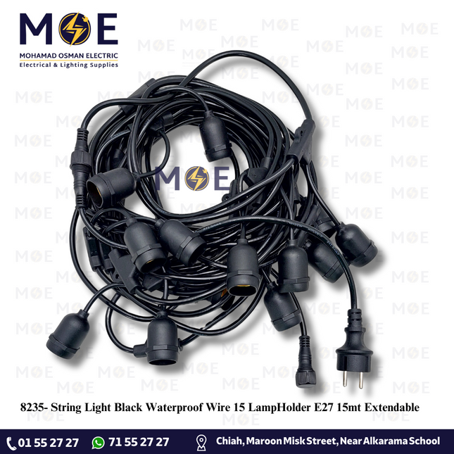 String Light Black Waterproof Wire 15 LampHolder E27 15mt Extendable