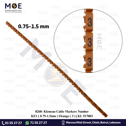 Klemsan Cable Markers Number KE1 ( 0.75-1.5mm ) Orange ( 3 ) | KL 517003