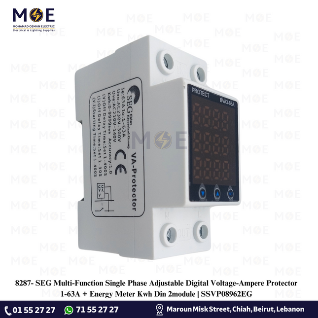 SEG Multi-Function Single Phase Adjustable Digital Voltage-Ampere Protector 1-63A + Energy Meter Kwh Din 2module | SSVP08962EG