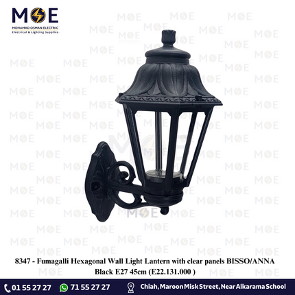 Fumagalli Hexagonal Wall Light Lantern with clear panels BISSO/ANNA Black E27 45cm | E22.131.000