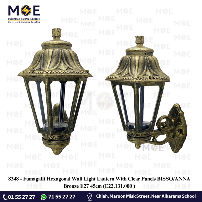 Fumagalli Hexagonal Wall Light Lantern With Clear Panels BISSO/ANNA Bronze E27 45cm | E22.131.000