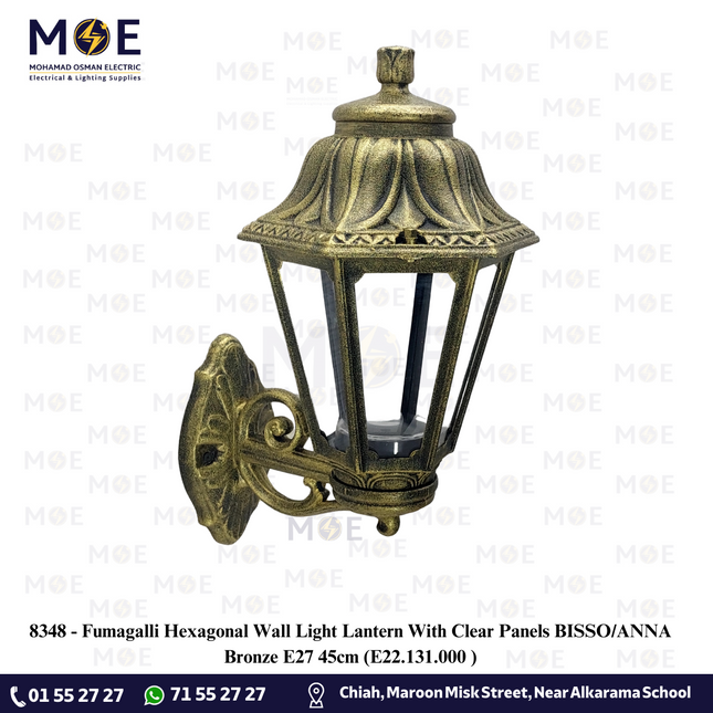 Fumagalli Hexagonal Wall Light Lantern With Clear Panels BISSO/ANNA Bronze E27 45cm | E22.131.000