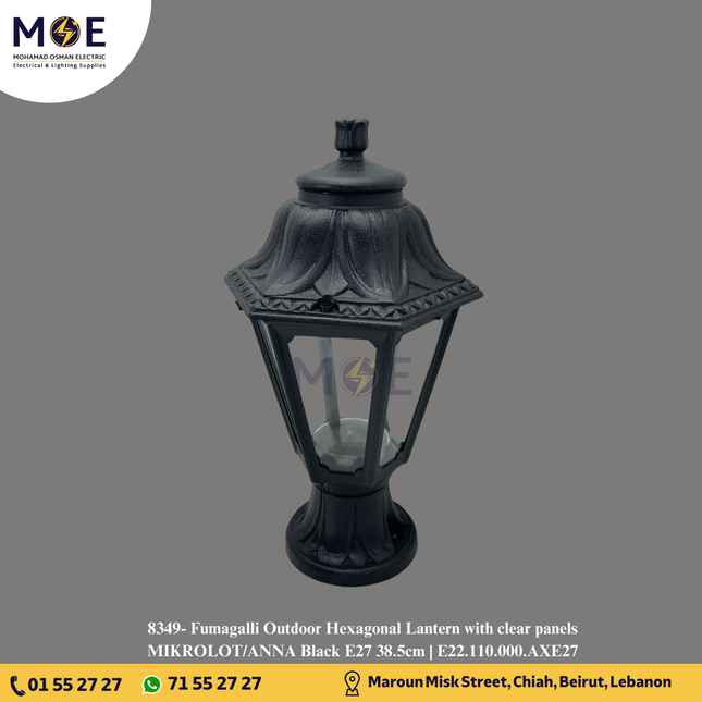 Fumagalli Outdoor Hexagonal Lantern with clear panels MIKROLOT/ANNA Black E27 38.5cm | E22.110.000.AXE27