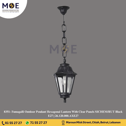 Fumagalli Outdoor Pendant Hexagonal Lantern With Clear Panels SICHEM/RUT Black E27 | 26.120.000.AXE27 | فانوس تنزيلة مسدس شفاف اسود