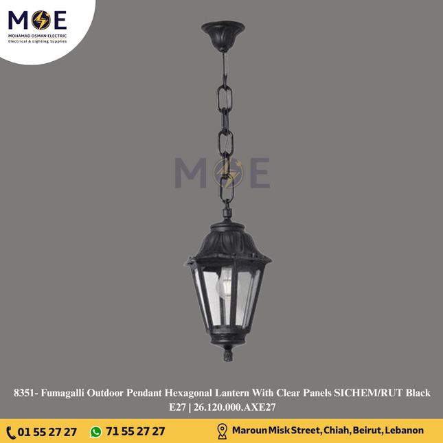 Fumagalli Outdoor Pendant Hexagonal Lantern With Clear Panels SICHEM/RUT Black E27 | 26.120.000.AXE27