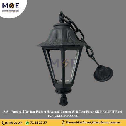 Fumagalli Outdoor Pendant Hexagonal Lantern With Clear Panels SICHEM/RUT Black E27 | 26.120.000.AXE27 | فانوس تنزيلة مسدس شفاف اسود