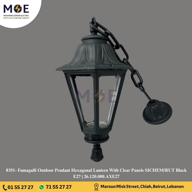 Fumagalli Outdoor Pendant Hexagonal Lantern With Clear Panels SICHEM/RUT Black E27 | 26.120.000.AXE27