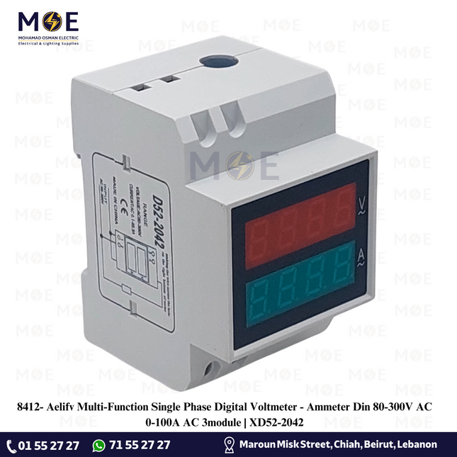 Aelifv Multi-Function Single Phase Digital Voltmeter - Ammeter Din 80-300V AC 0-100A AC 3module | XD52-2042