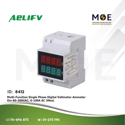 Aelifv Multi-Function Single Phase Digital Voltmeter - Ammeter Din 80-300V AC 0-100A AC 3module | XD52-2042