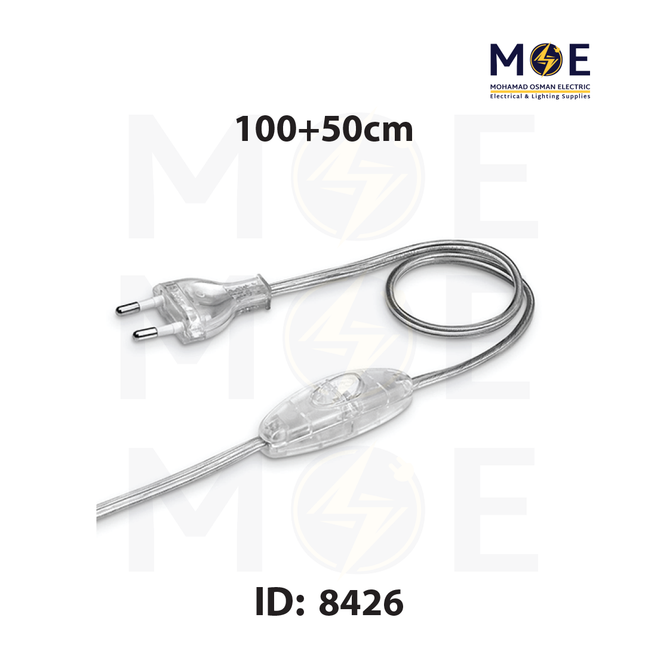 Arditi Single Pole Lamp Cord with Switch & Plug Transparent 2A 250V 100+50cm | 20089 | شريط لمبدير مع فيش و مفتاح خط واحد شفاف