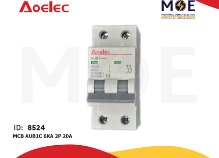 Aoelec MCB AUB1C 6kA 2P 20A | AUB1C | دجنتور كهرباء مجوز - قاطع كهربائي