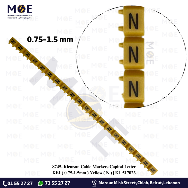 Klemsan Cable Markers Capital Letter KE1 ( 0.75-1.5mm ) Yellow ( N ) | KL 517023