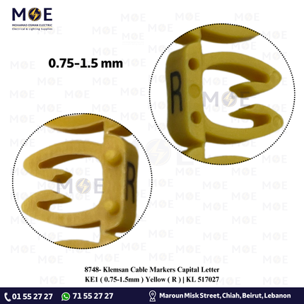 Klemsan Cable Markers Capital Letter KE1 ( 0.75-1.5mm ) Yellow ( R ) | KL 517027