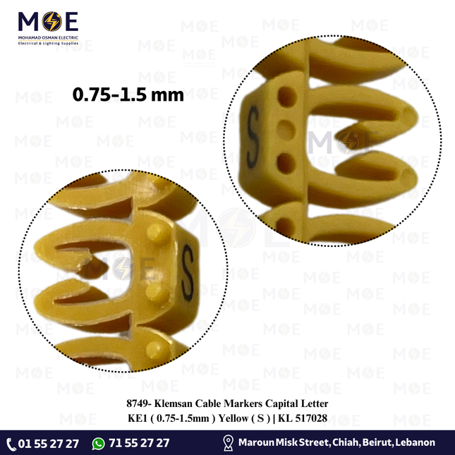 Klemsan Cable Markers Capital Letter KE1 ( 0.75-1.5mm ) Yellow ( S ) | KL 517028