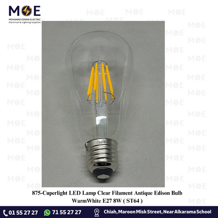 Cuperlight LED Lamp Clear Filament Antique Edison Bulb WarmWhite E27 8W | ST64