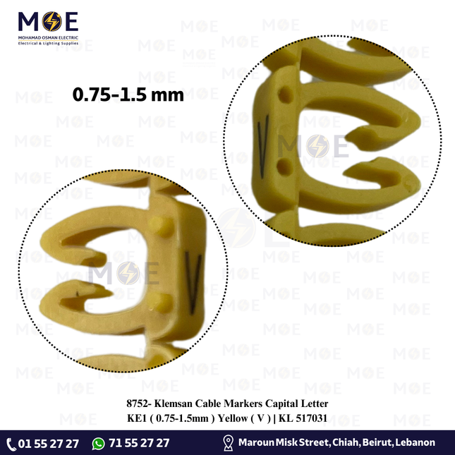 Klemsan Cable Markers Capital Letter KE1 ( 0.75-1.5mm ) Yellow ( V ) | KL 517031