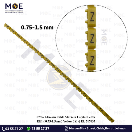 Klemsan Cable Markers Capital Letter KE1 ( 0.75-1.5mm ) Yellow ( Z ) | KL 517035