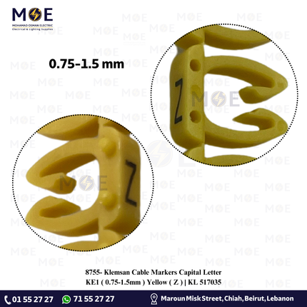 Klemsan Cable Markers Capital Letter KE1 ( 0.75-1.5mm ) Yellow ( Z ) | KL 517035