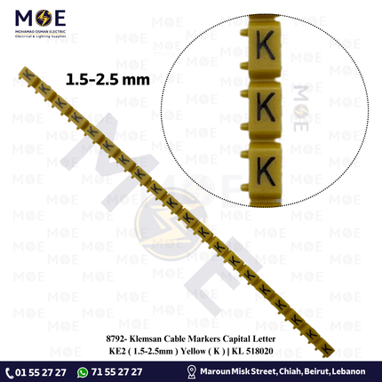 Klemsan Cable Markers Capital Letter KE2 ( 1.5-2.5mm ) Yellow ( K ) | KL 518020