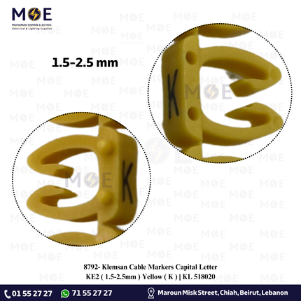 Klemsan Cable Markers Capital Letter KE2 ( 1.5-2.5mm ) Yellow ( K ) | KL 518020