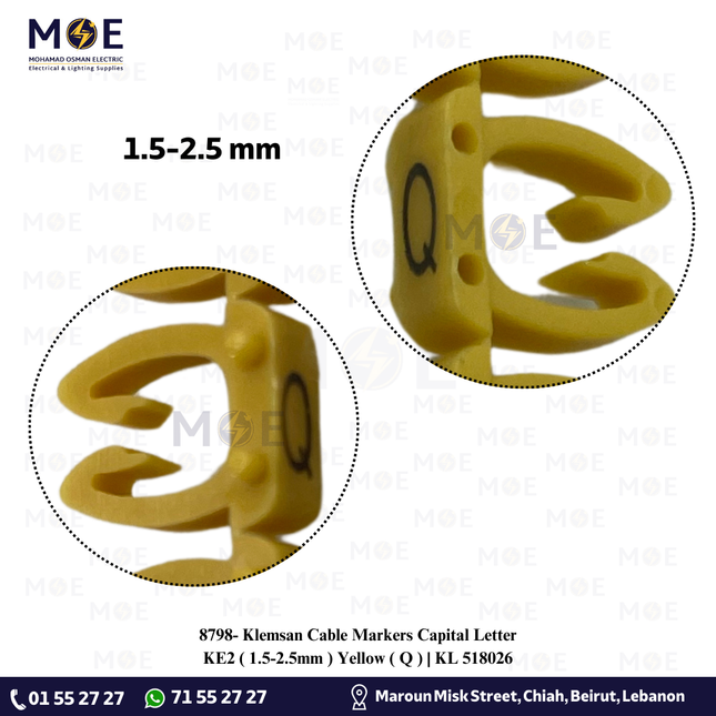 Klemsan Cable Markers Capital Letter KE2 ( 1.5-2.5mm ) Yellow ( Q ) | KL 518026