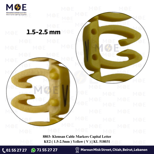 Klemsan Cable Markers Capital Letter KE2 ( 1.5-2.5mm ) Yellow ( V ) | KL 518031