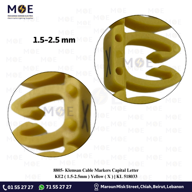 Klemsan Cable Markers Capital Letter KE2 ( 1.5-2.5mm ) Yellow ( X ) | KL 518033