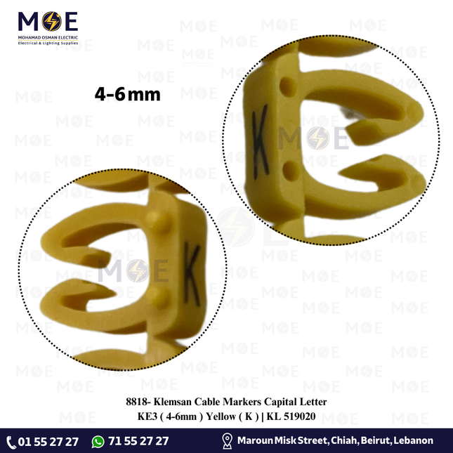 Klemsan Cable Markers Capital Letter KE3 ( 4-6mm ) Yellow ( K ) | KL 519020