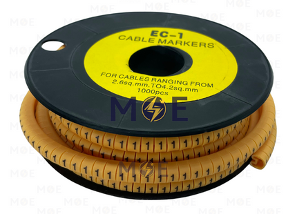 SEC Interlock Cable Markers Number EC-1 ( 2.5-4.5mm ) Yellow ( 1 ) | EC 1 ( 1 ) | حلقة ترقيم كابلات كوتشوك تلبيس اصفر رقم