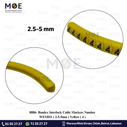 Bandex Interlock Cable Markers Number WEMH1 ( 2.5-5mm ) Yellow ( 4 )