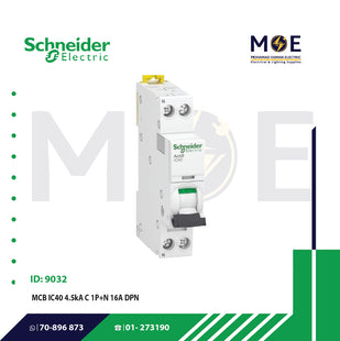 Schneider MCB IC40 4.5kA C 1P+N 16A DPN | A9P52616 | دجنتور مجوز بقطبين وحيادي - قاطع كهربائي ثنائي القطب مع حيادي