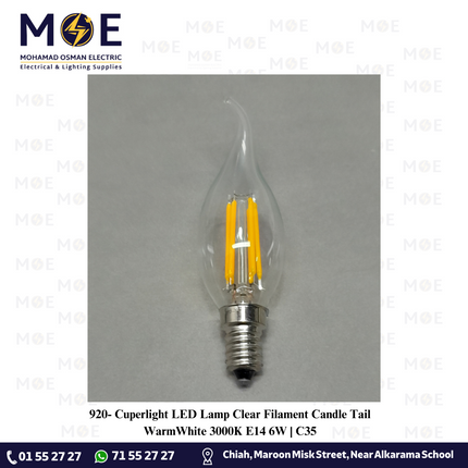 Cuperlight LED Lamp Clear Filament Candle Tail WarmWhite 3000K E14 6W C35