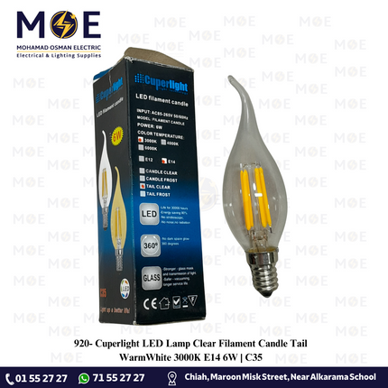 Cuperlight LED Lamp Clear Filament Candle Tail WarmWhite 3000K E14 6W C35