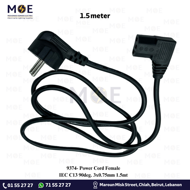 Power Cord Female IEC C13 90deg. 3x0.75mm 1.5mt