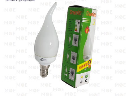 Greenlite Economic CFL Lamp Milky Candle Tail WarmWhite E14 13W | لمبة توفير برم سن رفيع شمعة دنب حليبي ورم وايت