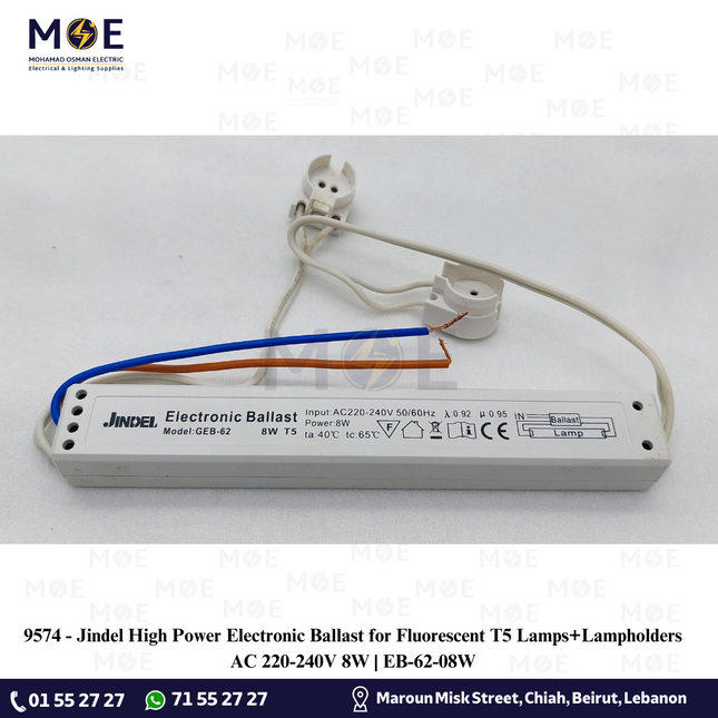 Jindel High Power Electronic Ballast for Fluorescent T5 Lamps+Lampholders AC 220-240V 8W | EB-62-08W