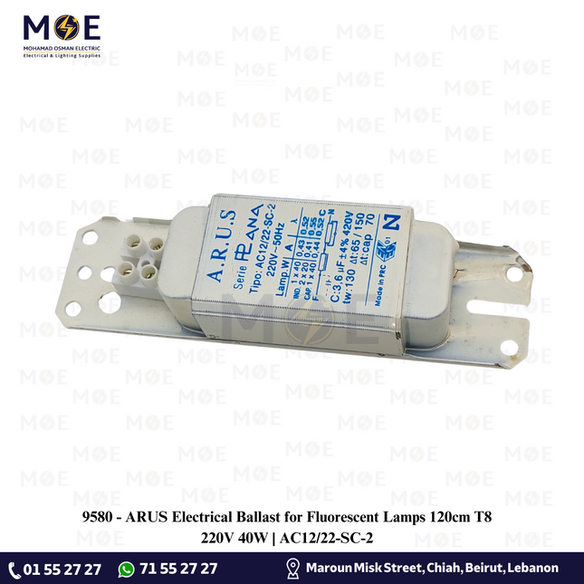 ARUS Electrical Ballast for Fluorescent Lamps 120cm T8 220V 40W | AC12/22-SC-2 | ترانس فلورسنت حديد
